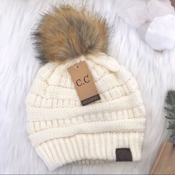 C.C Accessories - NEW CC Faux Fur Pom Pom Beanie Knit, Ivory